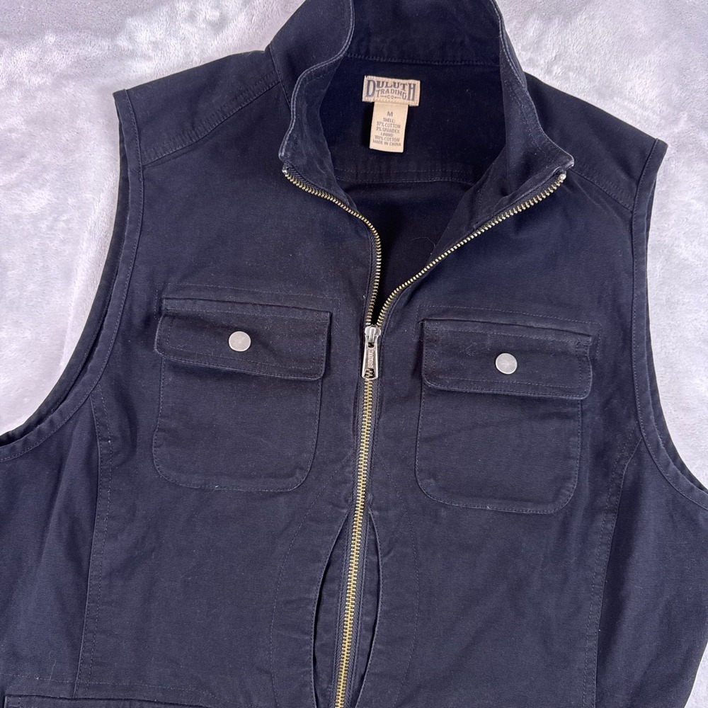 Duluth Trading Co Womens Black Canvas Utility Workwear Vest Medium Mock Neck Zip